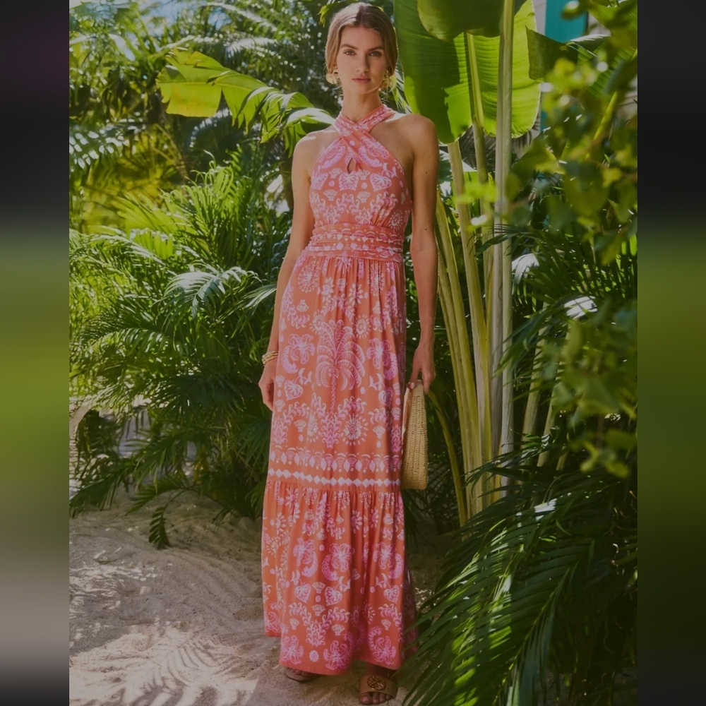 Lilly Pulitzer Pink and Coral Paisley Halter Maxi Dress